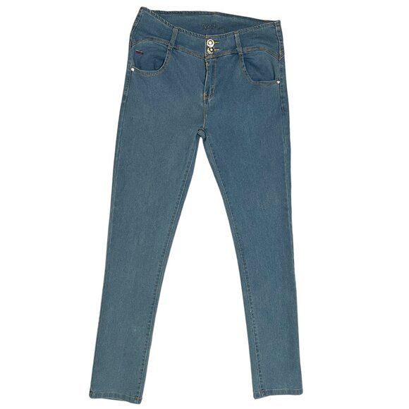 Y&F Stretch Women’s Sz 11/12 High Rise Curvy Fit Jeans Blue Rhinestone Buttons - Picture 1 of 16